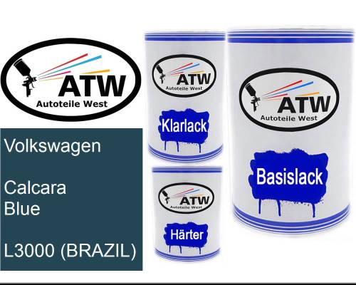 Volkswagen, Calcara Blue, L3000 (BRAZIL): 500ml Lackdose + 500ml Klarlack + 250ml Härter - Set, von ATW Autoteile West.